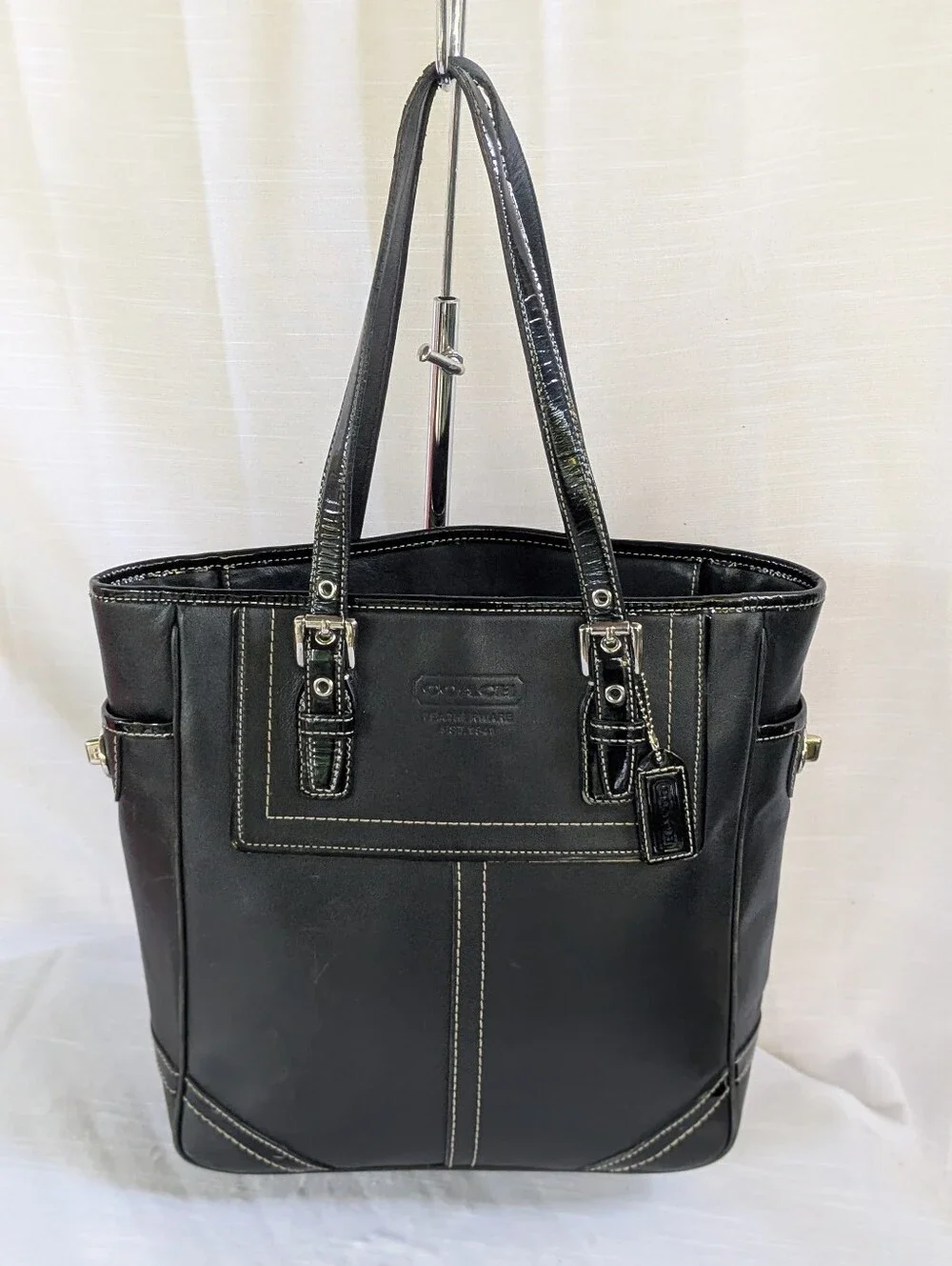 Coach Vintage Black Leather Tote with White Contrast Stitching